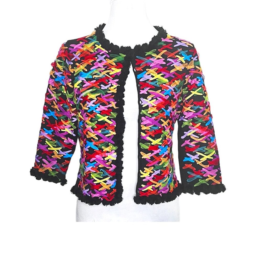 Michael Simon Vintage Ribbon Button Up Woven Knit Cardigan Sweater Size S